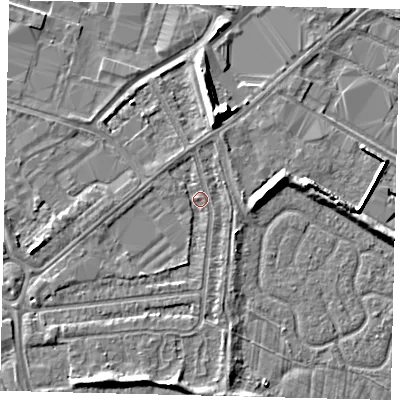 Shaded relief map of the ground around HU70DS, computed from Environment Agency LiDAR. The ground here sits at about 2 m above sea level and falls 9 m across the surrounding 800 m. Surface water reaching this point runs off ground lying to the south-south-west, 1.2 m higher.