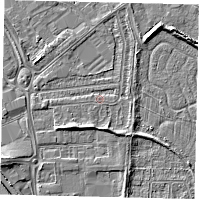 Shaded relief map of the ground around HU70DW, computed from Environment Agency LiDAR. The ground here sits at about 3 m above sea level and falls 5 m across the surrounding 800 m. Surface water reaching this point runs off ground lying to the south-west, 3.2 m higher.