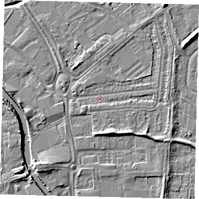 Shaded relief map of the ground around HU70DX, computed from Environment Agency LiDAR. The ground here sits at about 2 m above sea level and falls 8 m across the surrounding 800 m. Surface water reaching this point runs off ground lying to the south-south-east, 4.1 m higher.