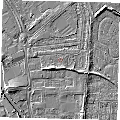 Shaded relief map of the ground around HU70DY, computed from Environment Agency LiDAR. The ground here sits at about 3 m above sea level and falls 5 m across the surrounding 800 m. Surface water reaching this point runs off ground lying to the south-west, 3.2 m higher.