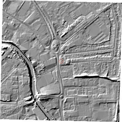 Shaded relief map of the ground around HU70DZ, computed from Environment Agency LiDAR. The ground here sits at about 3 m above sea level and falls 10 m across the surrounding 800 m. Surface water reaching this point runs off ground lying to the south-south-west, 4.3 m higher.