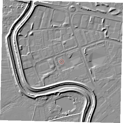 Shaded relief map of the ground around HU70ER, computed from Environment Agency LiDAR. The ground here sits at about 2 m above sea level and falls 5 m across the surrounding 800 m. Surface water reaching this point runs off ground lying to the east-south-east, 1.5 m higher.