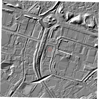 Shaded relief map of the ground around HU70NZ, computed from Environment Agency LiDAR. The ground here sits at about 2 m above sea level and falls 6 m across the surrounding 800 m. Surface water reaching this point runs off ground lying to the west-south-west, 2.0 m higher.