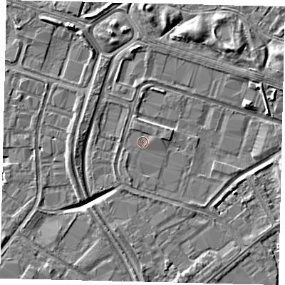 Shaded relief map of the ground around HU70XA, computed from Environment Agency LiDAR. The ground here sits at about 2 m above sea level and falls 6 m across the surrounding 800 m. Surface water reaching this point runs off ground lying to the east-north-east, 0.7 m higher.