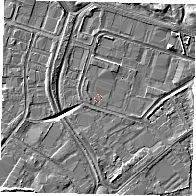 Shaded relief map of the ground around HU70XD, computed from Environment Agency LiDAR. The ground here sits at about 2 m above sea level and falls 7 m across the surrounding 800 m. Surface water reaching this point runs off ground lying to the west, 0.8 m higher.