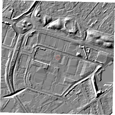 Shaded relief map of the ground around HU70XF, computed from Environment Agency LiDAR. The ground here sits at about 2 m above sea level and falls 11 m across the surrounding 800 m. Surface water reaching this point runs off ground lying to the south-east, 8.4 m higher.