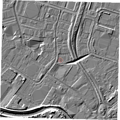Shaded relief map of the ground around HU70XJ, computed from Environment Agency LiDAR. The ground here sits at about 2 m above sea level and falls 13 m across the surrounding 800 m. Surface water reaching this point runs off ground lying to the south-east, 6.2 m higher.