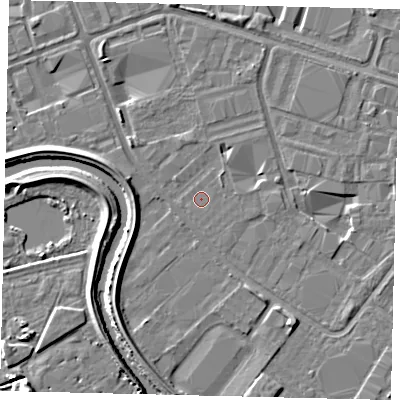 Shaded relief map of the ground around HU70XL, computed from Environment Agency LiDAR. The ground here sits at about 2 m above sea level and falls 5 m across the surrounding 800 m. The ground contributing surface water to this point lies to the west-south-west.
