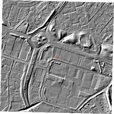 Shaded relief map of the ground around HU70XP, computed from Environment Agency LiDAR. The ground here sits at about 2 m above sea level and falls 10 m across the surrounding 800 m. Surface water reaching this point runs off ground lying to the south-east, 6.5 m higher.