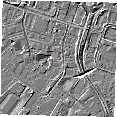 Shaded relief map of the ground around HU70XQ, computed from Environment Agency LiDAR. The ground here sits at about 2 m above sea level and falls 6 m across the surrounding 800 m. Surface water reaching this point runs off ground lying to the south-south-west, 1.9 m higher.