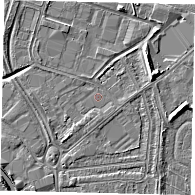 Shaded relief map of the ground around HU70XU, computed from Environment Agency LiDAR. The ground here sits at about 2 m above sea level and falls 11 m across the surrounding 800 m. Surface water reaching this point runs off ground lying to the south-west, 1.4 m higher.