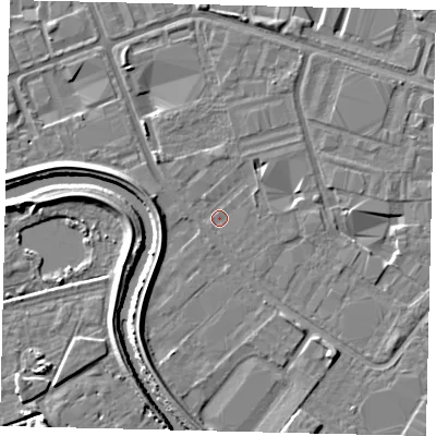 Shaded relief map of the ground around HU70XW, computed from Environment Agency LiDAR. The ground here sits at about 2 m above sea level and falls 5 m across the surrounding 800 m. Surface water reaching this point runs off ground lying to the east-north-east, 0.7 m higher.