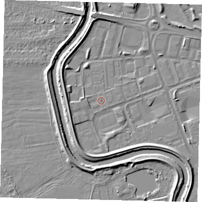 Shaded relief map of the ground around HU70YF, computed from Environment Agency LiDAR. The ground here sits at about 2 m above sea level and falls 5 m across the surrounding 800 m. Surface water reaching this point runs off ground lying to the west, 1.2 m higher.