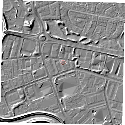 Shaded relief map of the ground around HU70YG, computed from Environment Agency LiDAR. The ground here sits at about 2 m above sea level and falls 5 m across the surrounding 800 m. Surface water reaching this point runs off ground lying to the south-south-west, 4.2 m higher.
