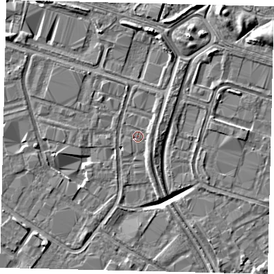 Shaded relief map of the ground around HU70YH, computed from Environment Agency LiDAR. The ground here sits at about 2 m above sea level and falls 6 m across the surrounding 800 m. Surface water reaching this point runs off ground lying to the south-south-east, 1.5 m higher.