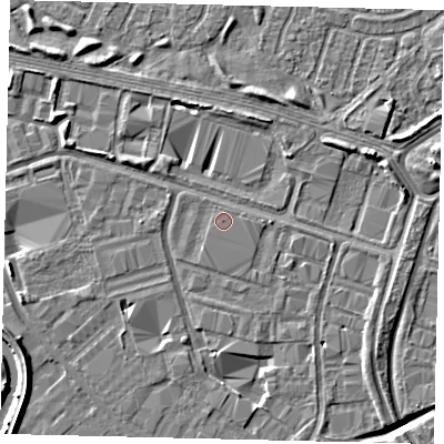 Shaded relief map of the ground around HU70YN, computed from Environment Agency LiDAR. The ground here sits at about 2 m above sea level and falls 6 m across the surrounding 800 m. The ground contributing surface water to this point lies to the east.