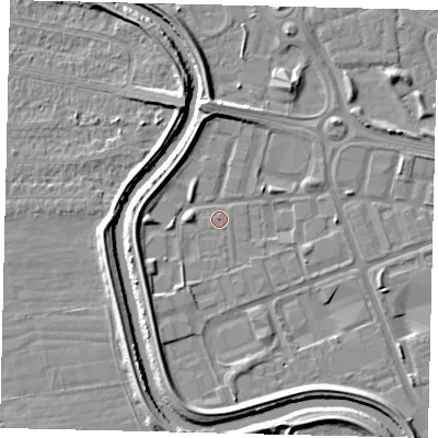 Shaded relief map of the ground around HU70YQ, computed from Environment Agency LiDAR. The ground here sits at about 2 m above sea level and falls 5 m across the surrounding 800 m. Surface water reaching this point runs off ground lying to the south-south-west, 1.9 m higher.