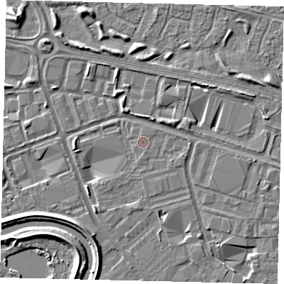 Shaded relief map of the ground around HU70YR, computed from Environment Agency LiDAR. The ground here sits at about 2 m above sea level and falls 4 m across the surrounding 800 m. The ground contributing surface water to this point lies to the south.