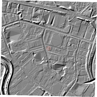 Shaded relief map of the ground around HU70YW, computed from Environment Agency LiDAR. The ground here sits at about 2 m above sea level and falls 7 m across the surrounding 800 m. Surface water reaching this point runs off ground lying to the north-east, 1.9 m higher.