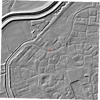 Shaded relief map of the ground around HU73AB, computed from Environment Agency LiDAR. The ground here sits at about 2 m above sea level and falls 5 m across the surrounding 800 m. Surface water reaching this point runs off ground lying to the north-west, 1.6 m higher.