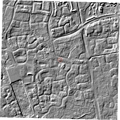 Shaded relief map of the ground around HU73AD, computed from Environment Agency LiDAR. The ground here sits at about 2 m above sea level and falls 5 m across the surrounding 800 m. Surface water reaching this point runs off ground lying to the north-east, 1.3 m higher.
