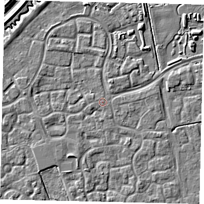 Shaded relief map of the ground around HU73AE, computed from Environment Agency LiDAR. The ground here sits at about 2 m above sea level and falls 5 m across the surrounding 800 m. Surface water reaching this point runs off ground lying to the east-north-east, 0.5 m higher.