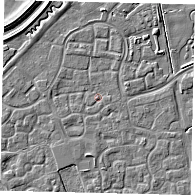 Shaded relief map of the ground around HU73AF, computed from Environment Agency LiDAR. The ground here sits at about 2 m above sea level and falls 5 m across the surrounding 800 m. Surface water reaching this point runs off ground lying to the south-west, 1.5 m higher.
