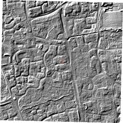 Shaded relief map of the ground around HU73AG, computed from Environment Agency LiDAR. The ground here sits at about 2 m above sea level and falls 8 m across the surrounding 800 m. Surface water reaching this point runs off ground lying to the north-north-west, 1.0 m higher.