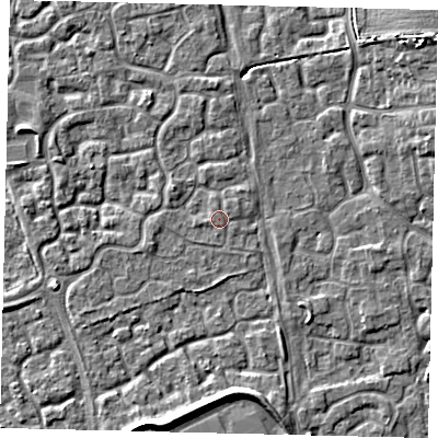 Shaded relief map of the ground around HU73AJ, computed from Environment Agency LiDAR. The ground here sits at about 2 m above sea level and falls 7 m across the surrounding 800 m. The ground contributing surface water to this point lies to the north-east.