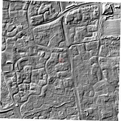 Shaded relief map of the ground around HU73AL, computed from Environment Agency LiDAR. The ground here sits at about 2 m above sea level and falls 8 m across the surrounding 800 m. Surface water reaching this point runs off ground lying to the north-north-west, 1.0 m higher.