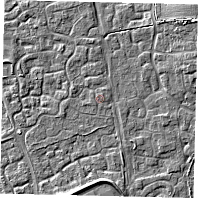Shaded relief map of the ground around HU73AN, computed from Environment Agency LiDAR. The ground here sits at about 2 m above sea level and falls 7 m across the surrounding 800 m. The ground contributing surface water to this point lies to the north-north-east.