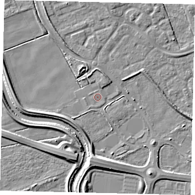 Shaded relief map of the ground around HU73AP, computed from Environment Agency LiDAR. The ground here sits at about 2 m above sea level and falls 7 m across the surrounding 800 m. Surface water reaching this point runs off ground lying to the north-north-west, 0.5 m higher.