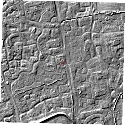 Shaded relief map of the ground around HU73AR, computed from Environment Agency LiDAR. The ground here sits at about 2 m above sea level and falls 7 m across the surrounding 800 m. Surface water reaching this point runs off ground lying to the north-north-west, 1.0 m higher.