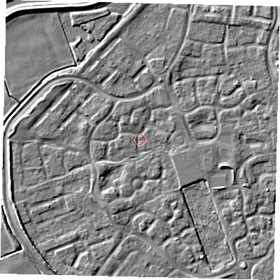 Shaded relief map of the ground around HU73AS, computed from Environment Agency LiDAR. The ground here sits at about 1 m above sea level and falls 5 m across the surrounding 800 m. Surface water reaching this point runs off ground lying to the south-south-west, 2.0 m higher.