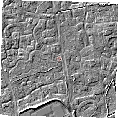 Shaded relief map of the ground around HU73AT, computed from Environment Agency LiDAR. The ground here sits at about 2 m above sea level and falls 8 m across the surrounding 800 m. Surface water reaching this point runs off ground lying to the south, 0.5 m higher.