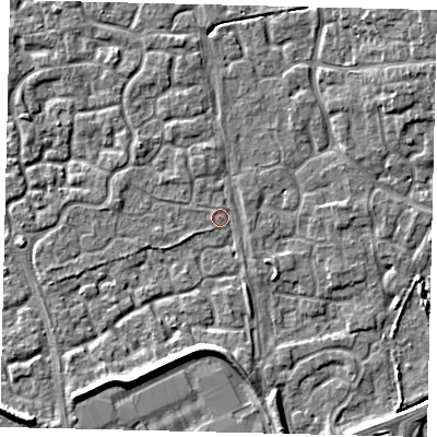 Shaded relief map of the ground around HU73AU, computed from Environment Agency LiDAR. The ground here sits at about 2 m above sea level and falls 6 m across the surrounding 800 m. Surface water reaching this point runs off ground lying to the north-east, 5.4 m higher.