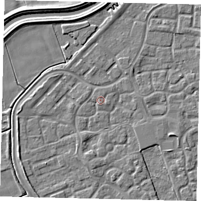 Shaded relief map of the ground around HU73AW, computed from Environment Agency LiDAR. The ground here sits at about 2 m above sea level and falls 5 m across the surrounding 800 m. Surface water reaching this point runs off ground lying to the south, 2.0 m higher.
