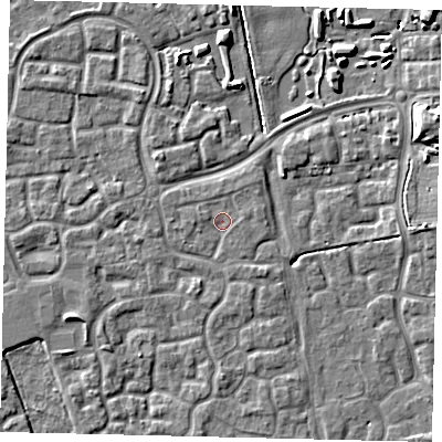 Shaded relief map of the ground around HU73AX, computed from Environment Agency LiDAR. The ground here sits at about 2 m above sea level and falls 8 m across the surrounding 800 m. Surface water reaching this point runs off ground lying to the north-east, 1.0 m higher.