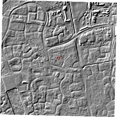 Shaded relief map of the ground around HU73AY, computed from Environment Agency LiDAR. The ground here sits at about 2 m above sea level and falls 6 m across the surrounding 800 m. Surface water reaching this point runs off ground lying to the west-north-west, 0.8 m higher.
