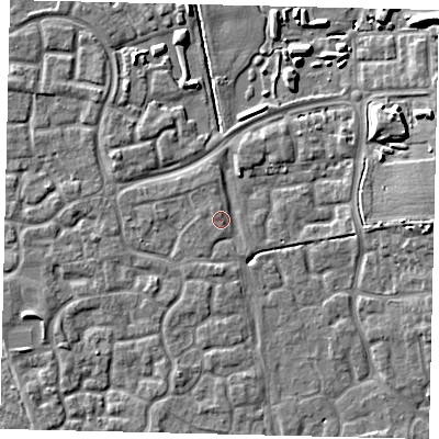 Shaded relief map of the ground around HU73AZ, computed from Environment Agency LiDAR. The ground here sits at about 2 m above sea level and falls 10 m across the surrounding 800 m. Surface water reaching this point runs off ground lying to the north, 1.1 m higher.