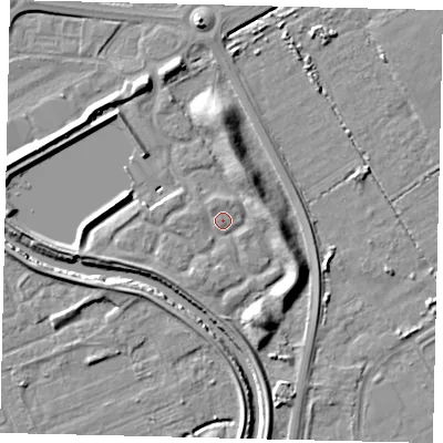 Shaded relief map of the ground around HU73BH, computed from Environment Agency LiDAR. The ground here sits at about 3 m above sea level and falls 9 m across the surrounding 800 m. Surface water reaching this point runs off ground lying to the east, 6.1 m higher.