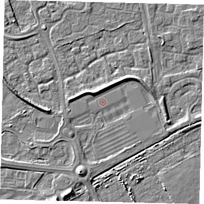 Shaded relief map of the ground around HU73DA, computed from Environment Agency LiDAR. The ground here sits at about 2 m above sea level and falls 7 m across the surrounding 800 m. Surface water reaching this point runs off ground lying to the north-north-east, 3.7 m higher.