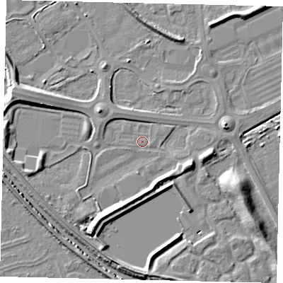 Shaded relief map of the ground around HU73DB, computed from Environment Agency LiDAR. The ground here sits at about 2 m above sea level and falls 9 m across the surrounding 800 m. Surface water reaching this point runs off ground lying to the south-south-west, 6.0 m higher.