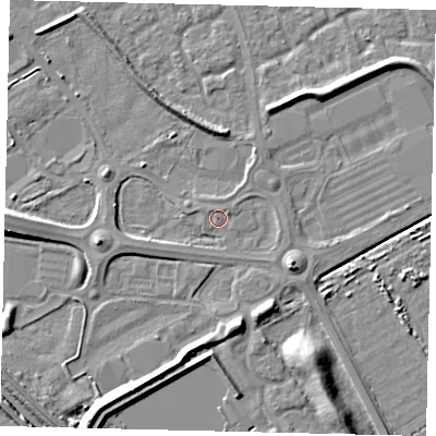 Shaded relief map of the ground around HU73DD, computed from Environment Agency LiDAR. The ground here sits at about 2 m above sea level and falls 10 m across the surrounding 800 m. Surface water reaching this point runs off ground lying to the east-south-east, 3.9 m higher.