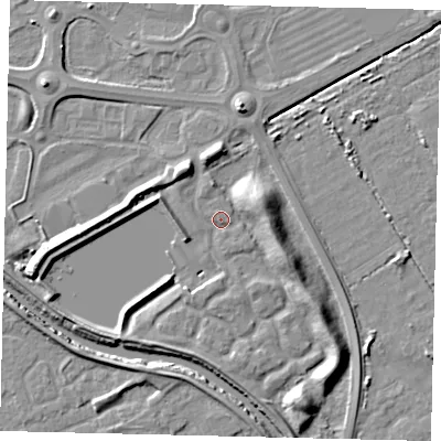 Shaded relief map of the ground around HU73DE, computed from Environment Agency LiDAR. The ground here sits at about 3 m above sea level and falls 10 m across the surrounding 800 m. Surface water reaching this point runs off ground lying to the east-south-east, 8.9 m higher.