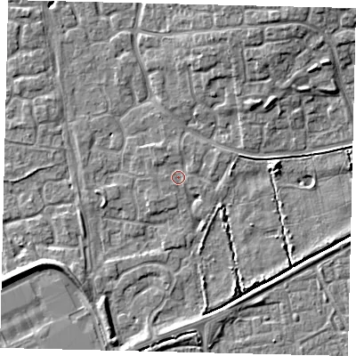 Shaded relief map of the ground around HU73DF, computed from Environment Agency LiDAR. The ground here sits at about 2 m above sea level and falls 7 m across the surrounding 800 m. Surface water reaching this point runs off ground lying to the north-west, 1.0 m higher.
