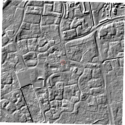 Shaded relief map of the ground around HU73DJ, computed from Environment Agency LiDAR. The ground here sits at about 2 m above sea level and falls 5 m across the surrounding 800 m. Surface water reaching this point runs off ground lying to the south, 0.8 m higher.