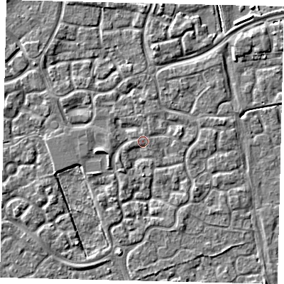 Shaded relief map of the ground around HU73DN, computed from Environment Agency LiDAR. The ground here sits at about 2 m above sea level and falls 3 m across the surrounding 800 m. Surface water reaching this point runs off ground lying to the south, 1.5 m higher.
