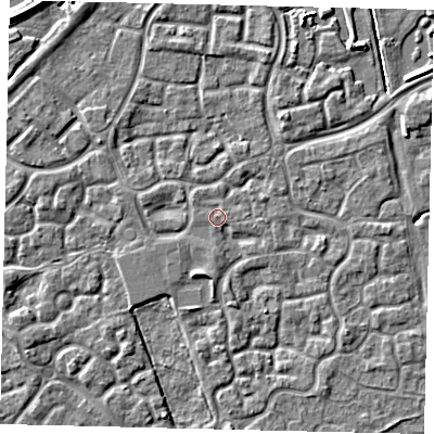 Shaded relief map of the ground around HU73DR, computed from Environment Agency LiDAR. The ground here sits at about 2 m above sea level and falls 5 m across the surrounding 800 m. Surface water reaching this point runs off ground lying to the south, 1.4 m higher.