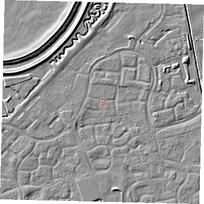 Shaded relief map of the ground around HU73DW, computed from Environment Agency LiDAR. The ground here sits at about 2 m above sea level and falls 5 m across the surrounding 800 m. Surface water reaching this point runs off ground lying to the north-north-east, 3.0 m higher.